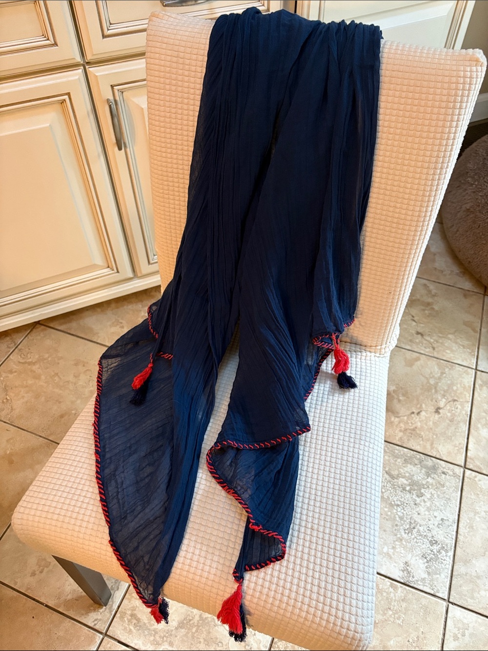 J. McLaughlin Navy Blue Scarf with Red Tassel Trim